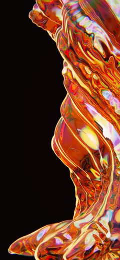 A flowing column of ruby, amber and iridescent glass against a black portrait canvas — Molten Ruby II wallpaper preview